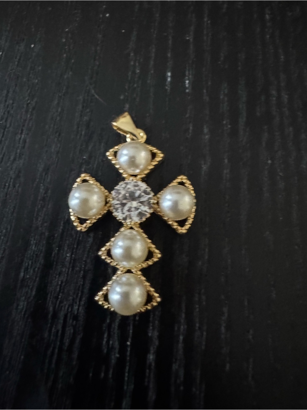 Gold Cross Pendant with Pearls and Central Crystal